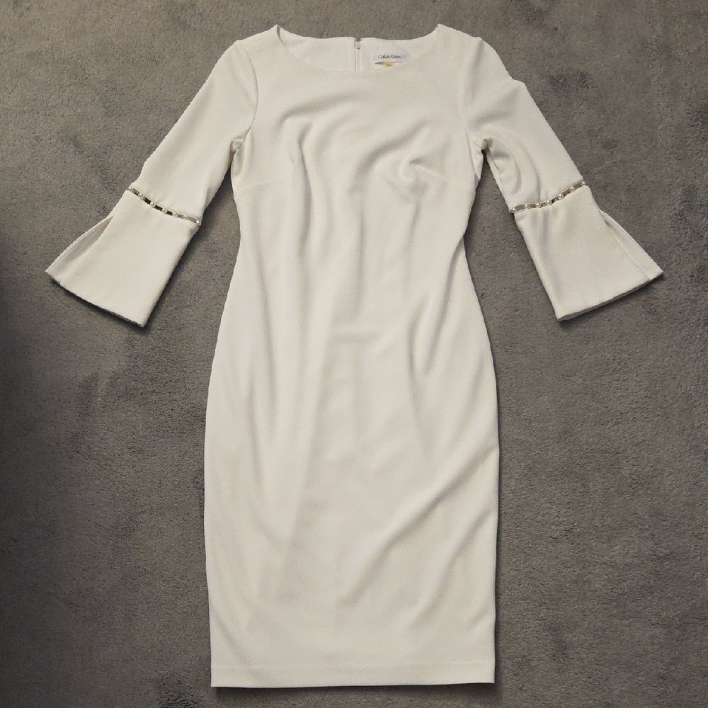 Calvin Klein Cream Sheath Dress with Bell Sleeves and Crew Neck